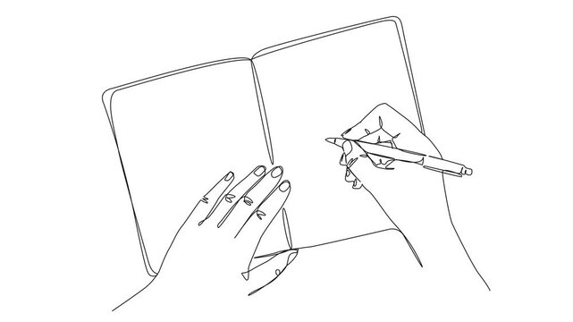 animated continuous line drawing of hands holding an open blank notebook and writing with a pen, journaling, education, planning or writing, line art animation