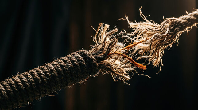 Close-up of frayed natural fiber rope unraveling with loose strands and textured fibers in sharp focus