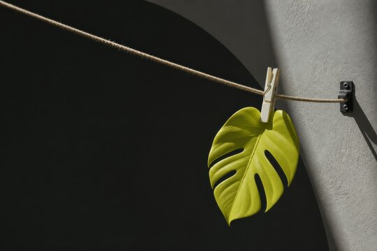 Monstera leaf clipped to rope in minimalist shadow light