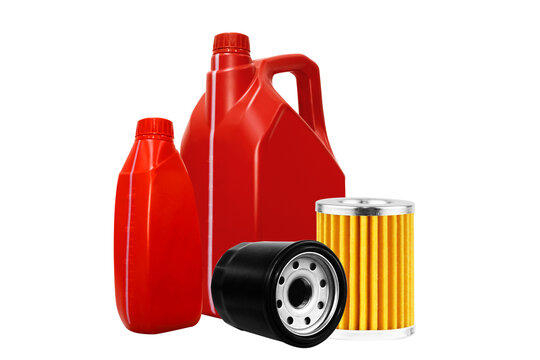 Automotive oil filters and motor oil containers red colour isolated on transparent background.