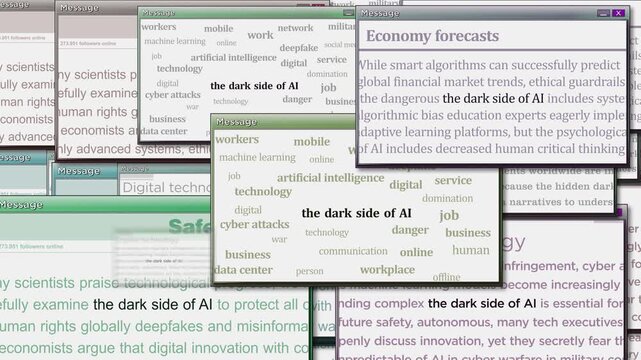 Dark side of AI pop up windows on computer screen. Abstract concept of news titles across media. Seamless and looped display.