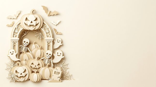 A spooky and delightful halloween scene a charming arrangement of ghosts pumpkins and bats creates a festive and whimsical atmosphere for the season's celebrations