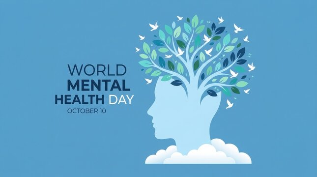 World mental health day illustration with human head and tree