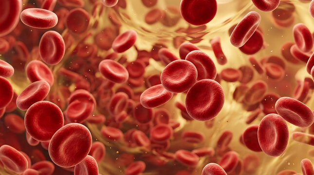 Microscopic view of red blood cells flowing through a human blood vessel