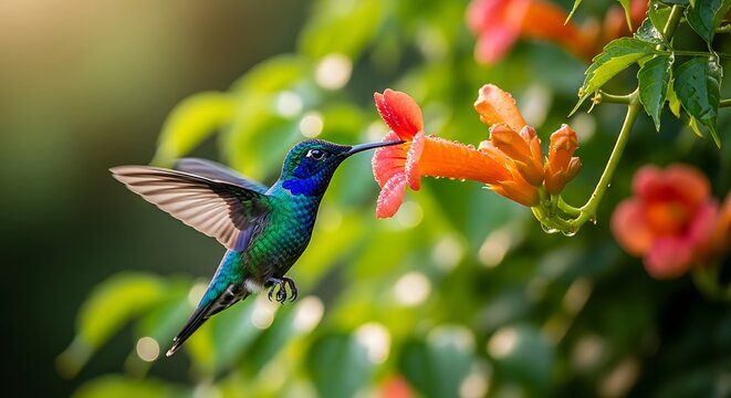 Vibrant hummingbird feeding on a bright orange trumpet flower.