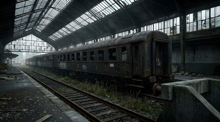 Naklejka premium Abandoned vintage train inside derelict railway station hangar.