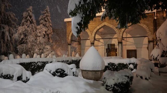 Night View of Ali Pasha Mosque Exterior During Winter in Sarajevo, Bosnia and Herzegovina