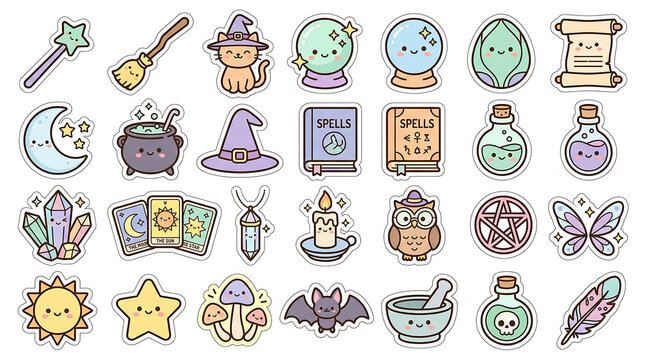 Cute magic and witchcraft sticker set with doodle icons