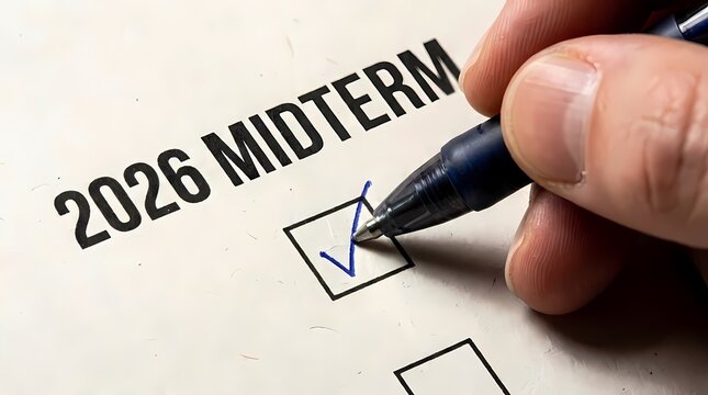 Hand marking 2026 midterm election ballot.