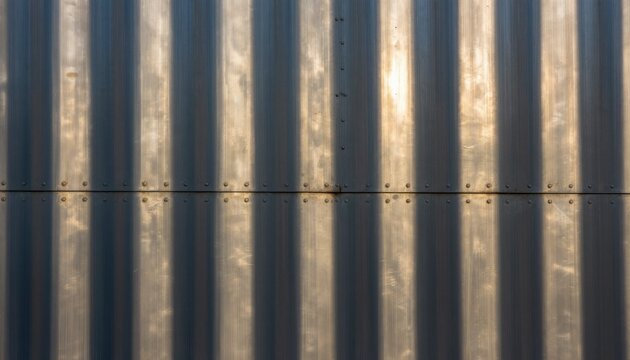 Close up of a metallic industrial wall featuring riveted steel panels with dramatic lighting effects