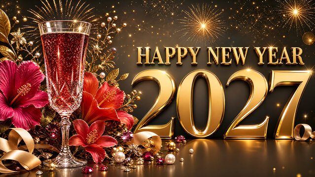 Happy New Year 2027 greeting card with ruby champagne glass and gold festive decorations.