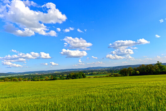 Weite gr&uuml;ne H&uuml;gellandschaft mit Blick auf das Gr&uuml;ndautal und Nieder-Gr&uuml;ndau unter blauem Himmel in Hessen 