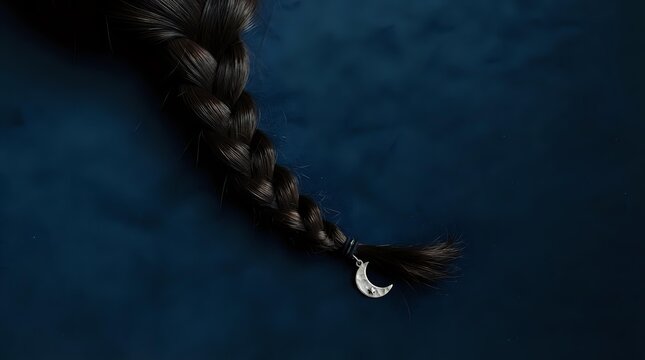 Long braided dark hair with crescent moon charm hanging from the end against deep blue textured background, suitable for beauty, fashion, and mystical themed projects.