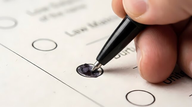 Hand marking paper ballot with pen.