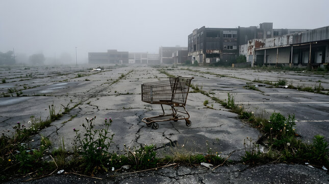 Lone shopping cart in a foggy empty urban parking lot.