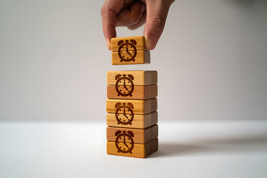 Hand stacking wooden blocks with icons