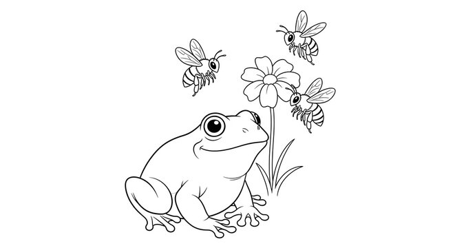 cute little frog sitting near a flower and looking at cute busy bees coloring page illustration for kids and nature lovers to color