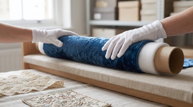 Textile conservator handling rolled blue velvet fabric with white gloves, archival preservation