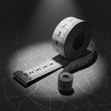 Flexible fabric measuring tape with clear markings, unspooling and rolled sections on a textured surface