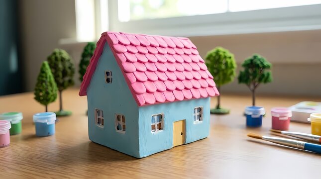 Hand-painted model house on a workspace with supplies.