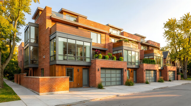Modern brick townhouse building with large windows in a suburban neighborhood