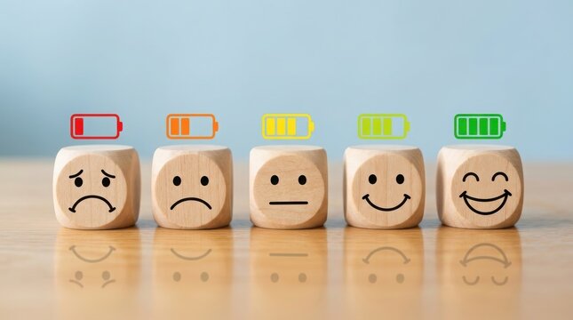 Wooden blocks with facial expressions and battery charge indicators