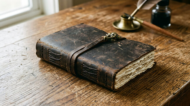 Aged leather-bound book with quill pen resting on vintage wooden desk evoking historical study