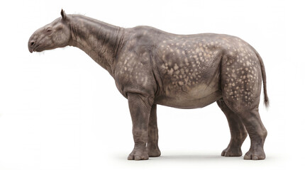 Fototapeta premium Paraceratherium transouralicum lateral neutral pose, full body giant prehistoric rhinoceros in a calm side profile on white background