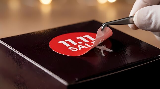 Hand peeling red 11.11 sale sticker off black box.
