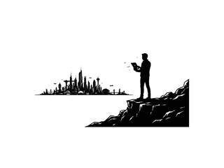 Fototapeta premium Man on cliff looking at futuristic city skyline vector illustration