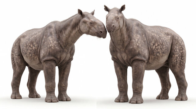 Paraceratherium transouralicum pair interaction, two giant prehistoric rhinoceroses engaging in natural social behavior and communication on white background