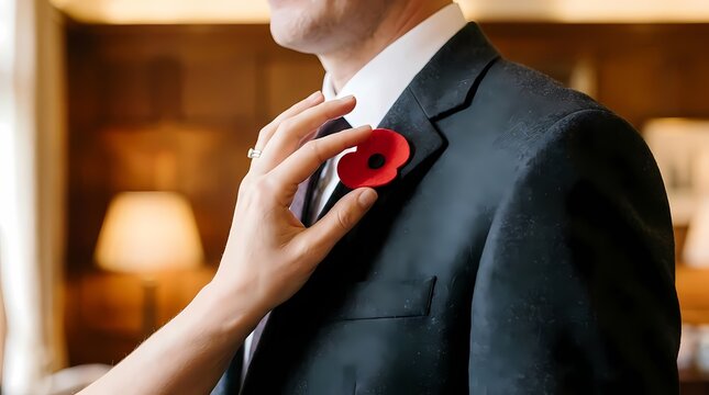 Hand pinning red poppy on suit lapel.