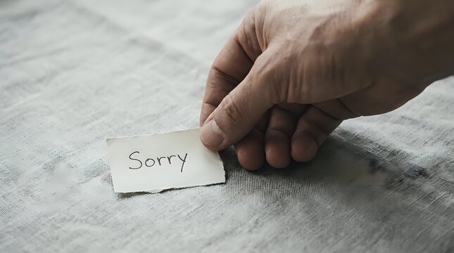 Adult hand with medium skin tone placing white card with "Sorry" text on neutral linen surface, conveying apology, regret, and reconciliation for business and personal relationships.
