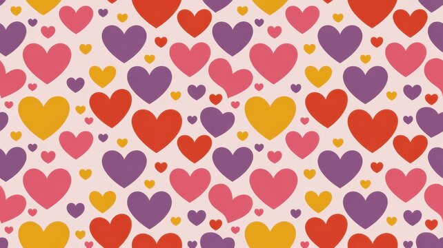 A Seamless Pattern Featuring Colorful Hearts In Red Pink Purple And Gold