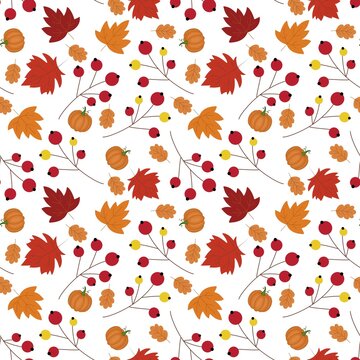 Rich autumn seamless pattern with pumpkins, maple leaves, and small berries on a white background.
