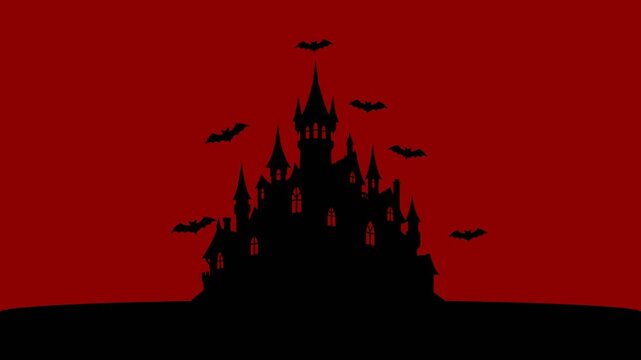 Spooky black gothic castle silhouette with flying bats animation against red sky