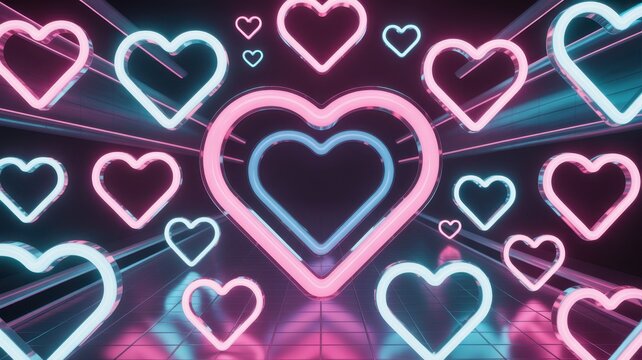 A vibrant digital scene featuring floating neon hearts in pink and blue