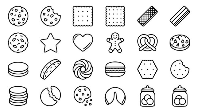 Comprehensive Cookie and Biscuit Line Icon Set Featuring Gingerbread Man, Pretzel, Macaron, Fortune Cookie, and Bakery Elements for Food Packaging and App Design