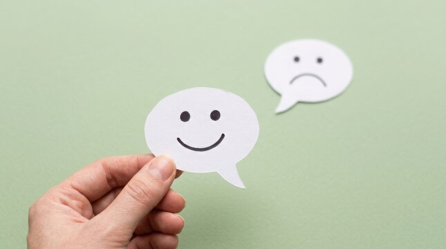 Hand holding happy smiley face paper speech bubble for customer feedback