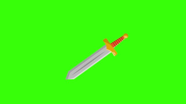 Medieval Sword Flying and Striking Screen Center on Green Screen Background