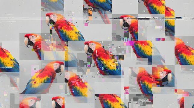 Collage of colorful macaw parrots in flight and perched against a bright white background for creative design