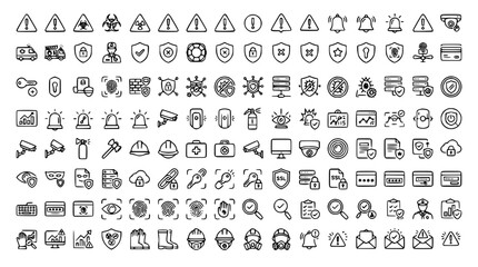Obraz premium Cyber Security and Occupational Workspace Safety Icon Set with Technical Data Protection Symbols for Corporate IT Networks, Industrial Warning Labels, and Vector Line Art Graphics