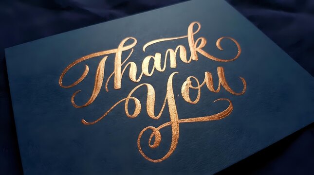Elegant thank you card with gold foil calligraphy lettering on dark blue cardstock, suitable for gratitude messages, special occasions, and professional correspondence.