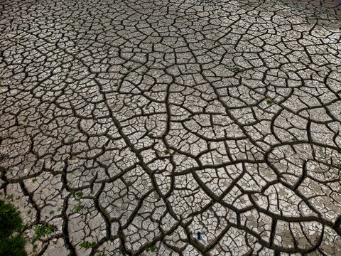 Aerial view of cracked dry earth showing the effects of drought on the lakebed near Castiglione del Lago, Umbria, Italy.