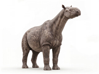Fototapeta premium Paraceratherium transouralicum elevated posture, giant prehistoric rhinoceros standing tall with its head and long neck raised upward on white background