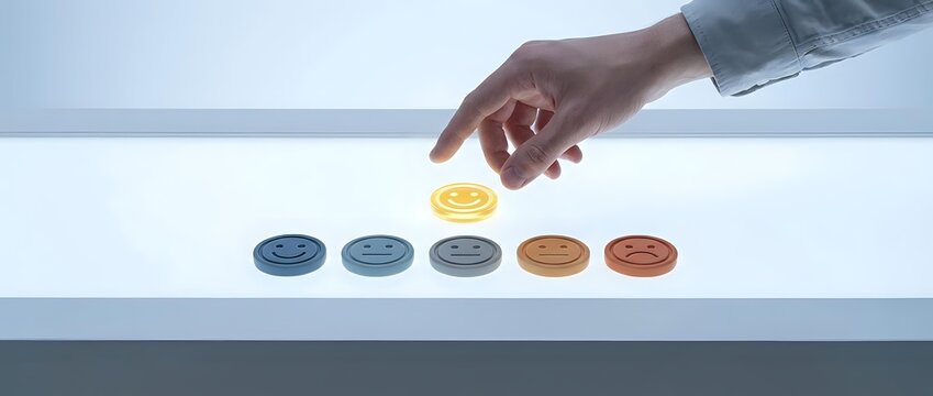 Male hand selecting yellow smiley face emoticon from row of emotion feedback buttons, customer satisfaction survey and rating concept for business service quality assessment.