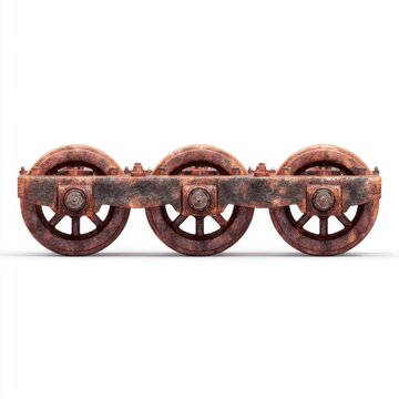Rusty vintage train wheels on a white background showcasing weathered metal and worn textures