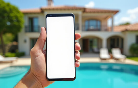 in hand is a phone with a white blank screen against the background of a luxury private house with a swimming pool, a vacation resort concept and the purchase of luxury real estate