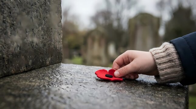 Hand placing a red poppy on a stone memorial.