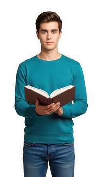 Young man in teal sweater holding open book isolated on transparent background